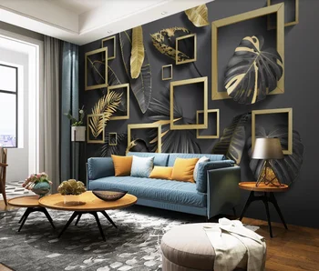 Özelleştirilmiş 3D duvar kağıdı iskandinav Modern basit altın yaprak tropikal bitki Stereo geometrik ışık lüks duvar