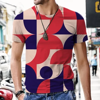 Avrupa ve Amerikan erkek popüler Soyut geometri serisi 3D dijital baskı tişört Sokak trend yarı kol
