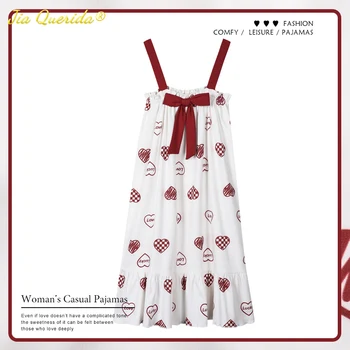 Yeni Yaz Kadın Gecelik Yumuşak Pamuk Kırmızı Yay Süsler Spagetti kemerli elbise Kalp Tasarım Iç Çamaşırı Homedress Genç Kızlar için