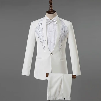 Beyaz Düğün Damat Elbise Takım Elbise Erkek Kostüm 2020 Şık Elmas Nakış Slim Fit Smokin Erkek Takım Elbise Pantolon İle