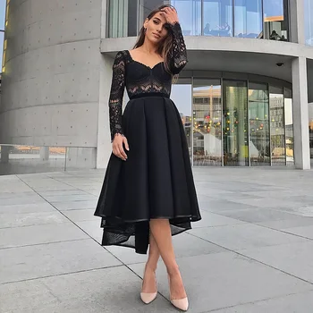 Dubai Abiye Hiç Pretty Zarif Yüksek Düşük Uzun Kollu V Yaka Dantel Şifon Örgün Parti Törenlerinde Vestito Donna