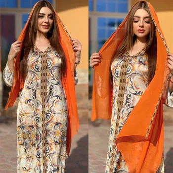 Arapça Orta Doğu Abaya Müslüman Kadınlar Baskılı uzun elbise Etnik V Yaka Maxi Elbise Başörtüsü Elbise Türkiye İslam Fas Ramazan Yeni