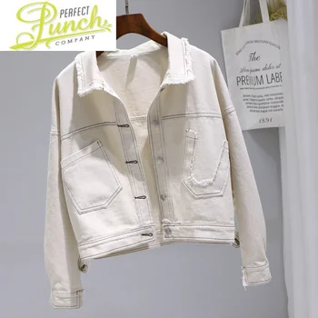 Denim Kore Bahar Rahat Beyaz Kot Ceket Gevşek İnce Ceketler Kadınlar için Moda 2021 Jaquetas Feminina Pph297