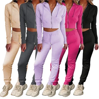 2021 Sıcak Satış Kadın İki Parçalı eşofman altı Setleri Takım Elbise Eşofman Nervürlü Örgü Kırpılmış Hoodie Ve Jogger Seti