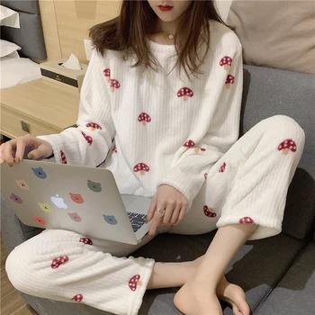 Kış kadın Pazen Pijama İki parçalı Ev Gevşek Rahat Sıcak Seti Pijama 2021 Yeni