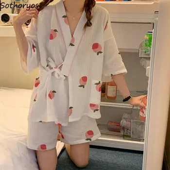 Pijama Setleri Kadın Pembe Baskı Tatlı Kız V Yaka Dantel-up Pijama Kısa Kollu Kimono Gevşek Şort Yaz Kawaii 2 parça Salonu