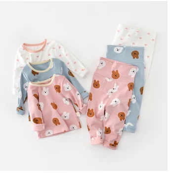 Sonbahar Kış Yenidoğan Bebek Uyku Giyim Suit Yürüyor Bebek Kız Karikatür Ayı Kalp Homwear 2 Adet Çocuklar Kore Pamuk Pijama Set