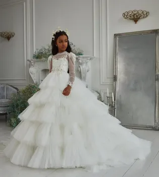 Muhteşem Uzun Kollu İlk Communion Elbise Küçük Prenses doğum günü elbiseleri Büyük Alt Çiçek Kız Elbise Longo