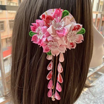 Saç tokası Japon kimono Yukata Headdress Kırışık kumaş Sakura saç tokası DIY Cosplay Hanfu Püskül Tsumami zaiku El Yapımı Kanzashi
