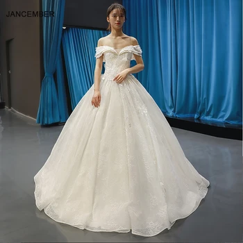 J66715 Jancember yeni tasarım gelinlik kat uzunluk kapalı omuz beyaz dantel gelinlik balo vestido de casamento