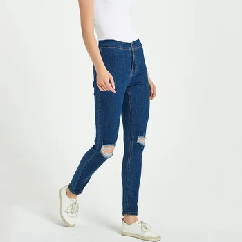 Kadın Yeni Yüksek Mükemmel Kalite Koyu Mavi kalem pantolon Streç Slim Fit Diz Delikleri Vardır İnceltme Rahat Boyutu Ayak Pantolon