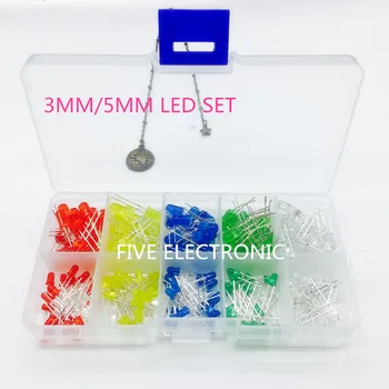 3MM / 5MM LED Diyot seti, Kırmızı,Sarı,Yeşil,Mavi,Beyaz her biri 20 adet, ücretsiz bir kutu ile 200 adet/takım