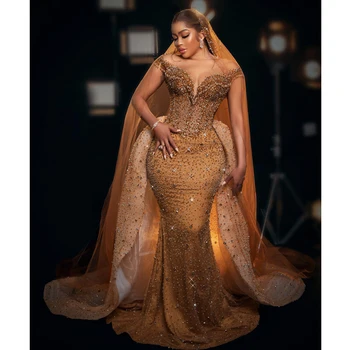 Lüks Altın Mermaid Abiye Ayrılabilir Tren Boncuklu Kristal Vestidos De Fiesta Dubai Arapça Balo Elbise