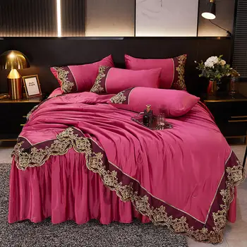 2021new Yıkanmış ipek İşlemeli dantel yatak takımları kraliçe battal boy nevresim seti yatak etek seti yastık kılıfı yatak örtüsü 4 Adet.