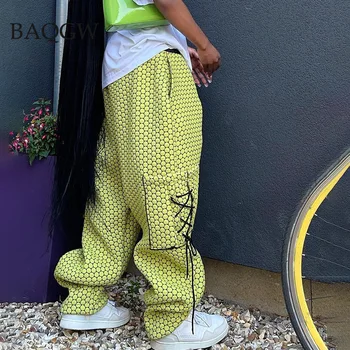 Hip Hop Büyük Boy Kadın Sonbahar 2021 Yeni Yüksek Bel pantolon Gevşek Tarzı Streetwear Cep İpli Estetik Düz Pantolon