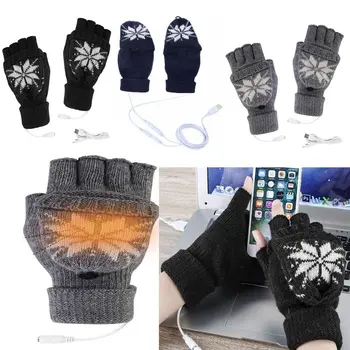 Sıcak el USB çift taraflı ısıtmalı eldiven erkek kadın ısıtıcı mitten kadın kış eldiven örgü yarım parmak çevirme eldiven