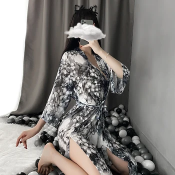 Seksi İç Çamaşırı Baskı Şifon See-through Japon Kimono Pijama Üniforma Günaha Bornoz Gecelik Striptizci Kıyafet