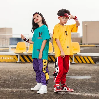 Çocuk Caz Dans Elbise Kız Erkek Moda Gösterisi Kazak Tops koşucu pantolonu Hip Hop T Shirt Balo Salonu Dans Kostümleri
