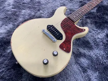 Çin Elektro Gitar Genç Süt Beyaz Renk 1 P90 Pikap El Yapımı ağır Kalıntı Maun Gövde Ve Boyun