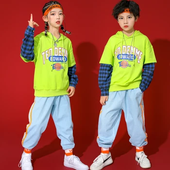 Çocuk Balo Salonu Hip Hop Giyim Yeşil Hoodie Kazak Üstleri Streetwear Kot pantolon Kız Erkek Caz dans kostümü Giysileri