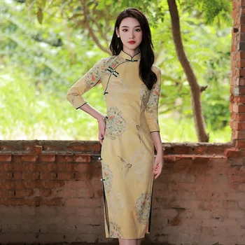 Sarı Süet Cheongsam Geliştirilmiş Baskı Uzun Kollu Vintage Elbise Slim-fit Düğün Kostümleri Qipao S XXL