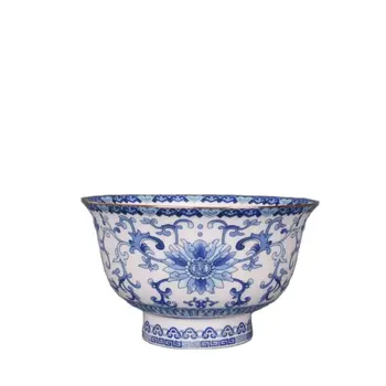 Antik porselen, Qing Hanedanı, Qianlong, mavi ve beyaz, altın sınır, twirling, desen kase, aile dekorasyon koleksiyonu