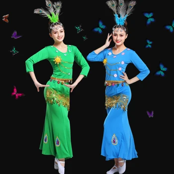 Uzun Kollu Geleneksel Dai dans kostümü Azınlık Tavuskuşu Dans Fishtail Wrap Kalça Kadın Azınlık Dans Elbise Ulusal Kostümler