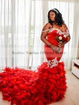 Uzun Kırmızı Afrika Kız Mermaid düğün elbisesi 2023 Şapel Ruffled Tren gelin kıyafeti Vestidos De Noiva