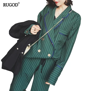 RUGOD 2021 Kadın İlkbahar Sonbahar Casual Slim Blazer 2 İki Parçalı Set Çizgili Ceket ve Pantolon Blazers Femme Mujer Artı Boyutu Pantolon Takım Elbise