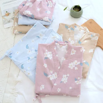 KISBINI Saf Pamuklu Kadın Pijama Seti Sakura Baskılı V Yaka Bağcıklı Gecelik Kadın 2021 İlkbahar Sonbahar İnce Pijama
