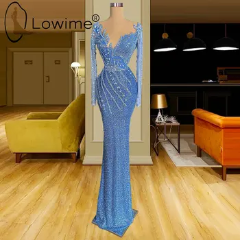 Zarif Mavi Uzun Mermaid Abiye 2022 Uzun Kollu Düğün Konuk Kadın Elbise Glitter Sequins Balo Elbisesi Robe Soirée Femme