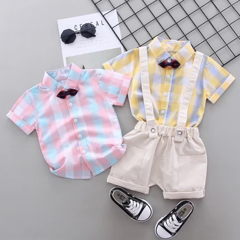 Yaz Erkek Beyefendi Giyim Kıyafet Suit Renkli Ekose Gömlek + Askı Şort 2 Adet Bebek Çocuk Okul Elbise