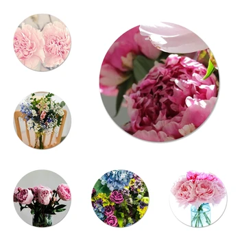 Pembe Çiçek Şakayık Vazo Desen Simgeler rozet pimleri Dekorasyon Broş Metal Rozetleri Giysi Sırt Çantası Dekorasyon 58mm