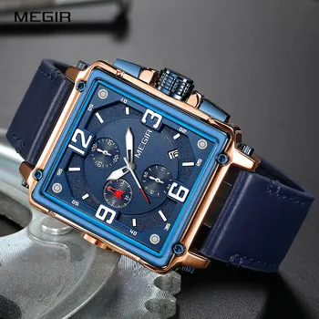 Megır Rahat Deri Kayış quartz saat Erkekler için Moda Kare Dial Chronograph Saatler Su Geçirmez Mavi Kol Saati relogio часы