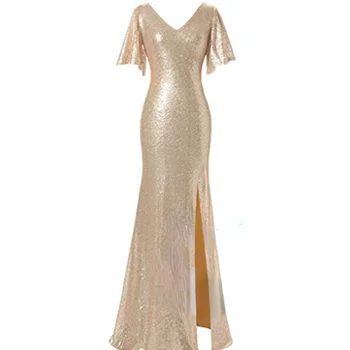 Düğün elbisesi Moda Yeni V Yaka Fishtail Ön Yüksek Bölünmüş Seksi İnce Düğün Ziyafet Tost Uzun gece elbisesi Bayan Elbise