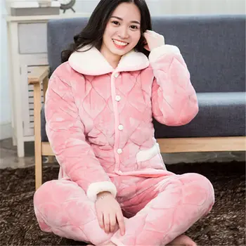 Kış Kadın Pijama Set Tatlı Kalın Pazen Uzun Ev Tekstili Uyku Salonu Kadife Pijama Kadın Pijama
