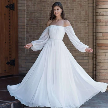 Basit Şifon düğün elbisesi Tekne Boyun Uzun Kollu Bir Çizgi Kat Uzunluk Plaj Gelin Akşam Parti Elbise Custom Made