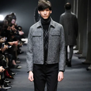 Erkek kısa ceket 2020 yeni sonbahar ve kış fit-up yaka çift cep yün takım elbise gri ceket