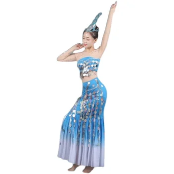 Yeni Dai dans kostümü Performans Elbise Su Ruhu Dans Tavuskuşu Dans Kadın Yetişkin Performans Elbise Payetli Balık Kuyruğu Etek
