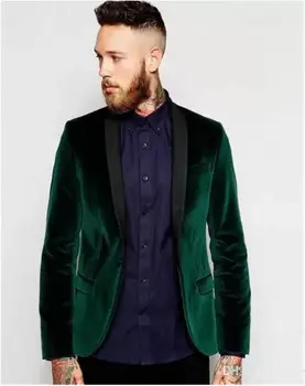 Yeşil Kadife Ceket Siyah Şal Yaka Damat Sağdıç Erkek Takım Elbise Ceket Sağdıç erkek Takım Elbise 2 Parça Set (Ceket + Pantolon)