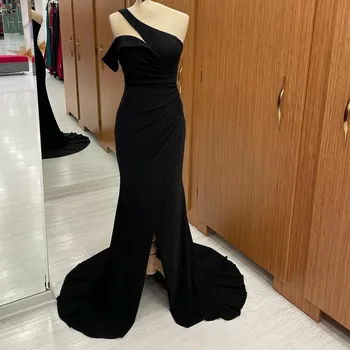 Vintage Uzun Glitter Siyah Abiye Mermaid Bir Omuz Balo Abiye Elbiseler de soirée Sweep Tren Parti Elbise Kadınlar için