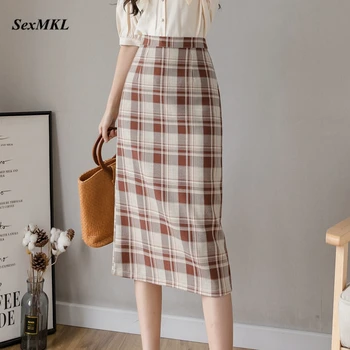 Moda Ekose Etekler Bayan Yaz 2022 Rahat Yüksek Bel Bir Çizgi Uzun Etek Vintage kadın kıyafetleri Kore Zarif Maxi Etek XL