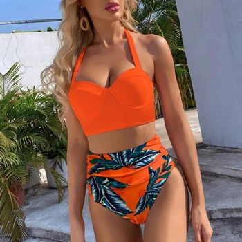 Seksi Yüksek Bel Baskı Kadınlar Bikini Mayo 2021 Yaz Kadın bantlı mayo bikini seti Push Up Yaz Halter Beachwear Takım Elbise