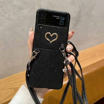 Samsung Galaxy İçin sevimli 3D Altın Aşk Kalp Telefon Kapak Z 3 5G Kadın Crossbody Askısı Tam Kapak Glitter Tozlar Çevir İnce Durumlarda