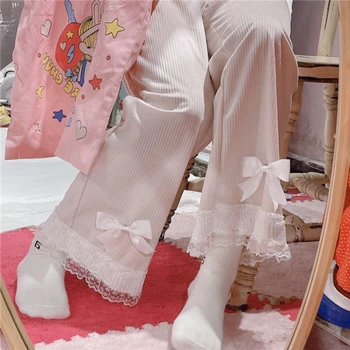 Japon Pembe Lolita kadın Kawaii Yüksek Bel Kadife Pantolon Tatlı Yay Dantel Geniş Bacak Pantolon Girly Giyim Gevşek Sevimli Pantolon