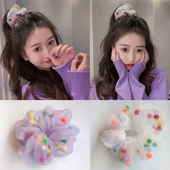 Kore Renkli Hairball Örgü Elastik saç bandı Tatlı Şeffaf Organze Saç Halat Kadınlar İçin Kız Romantik Saç Kravat Aksesuarları
