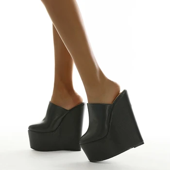 Platform Kama Yuvarlak Kafa Pompaları Terlik Siyah yaz Ayakkabı Kadın Seksi Süper Yüksek Sandalet Terlik Siyah 35-42