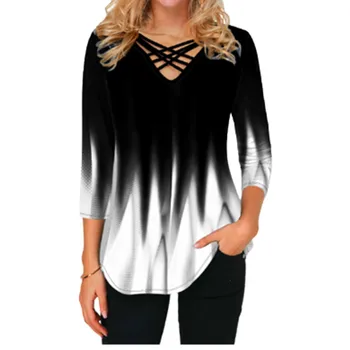 2022 Yeni Moda Bluz 4XL 5XL Büyük Boy Kadın Gömlek 3D Degrade Baskı Çapraz V Yaka Gevşek Artı Boyutu Gömlek Üstleri Kadın Giysileri