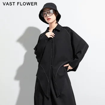 Siyah Artı Boyutu Vintage Bluz Kadınlar Yay Parlak Çizgi Yaka Uzun Kollu Casual Gevşek Gömlek Tops Moda Giyim 2021 Yeni Bahar