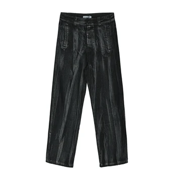 BELKİ U Kadın Kot Pantolon Denim Siyah Kalça Pop Geniş Bacak Gevşek Streetwear P0012